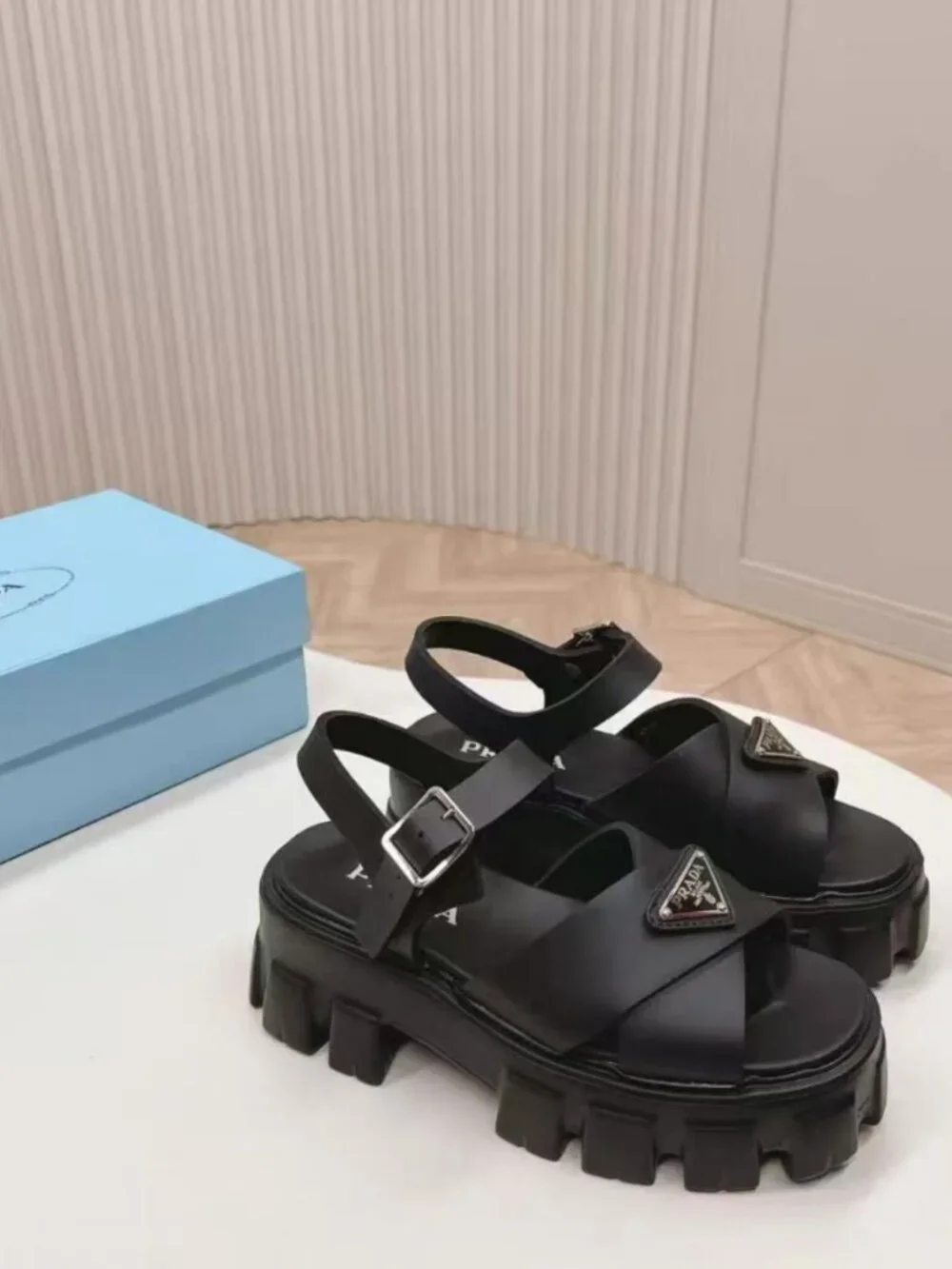 Prada Black Rubber Chunky Cross‑Band Platform Sandals